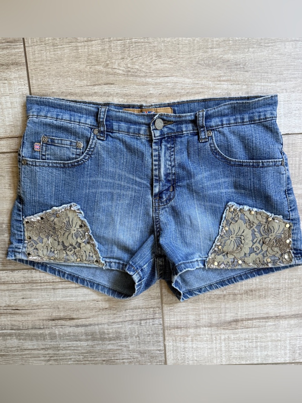 London Blue Denim Mini Shorts Lace Studded Low Rise Boho Festival S